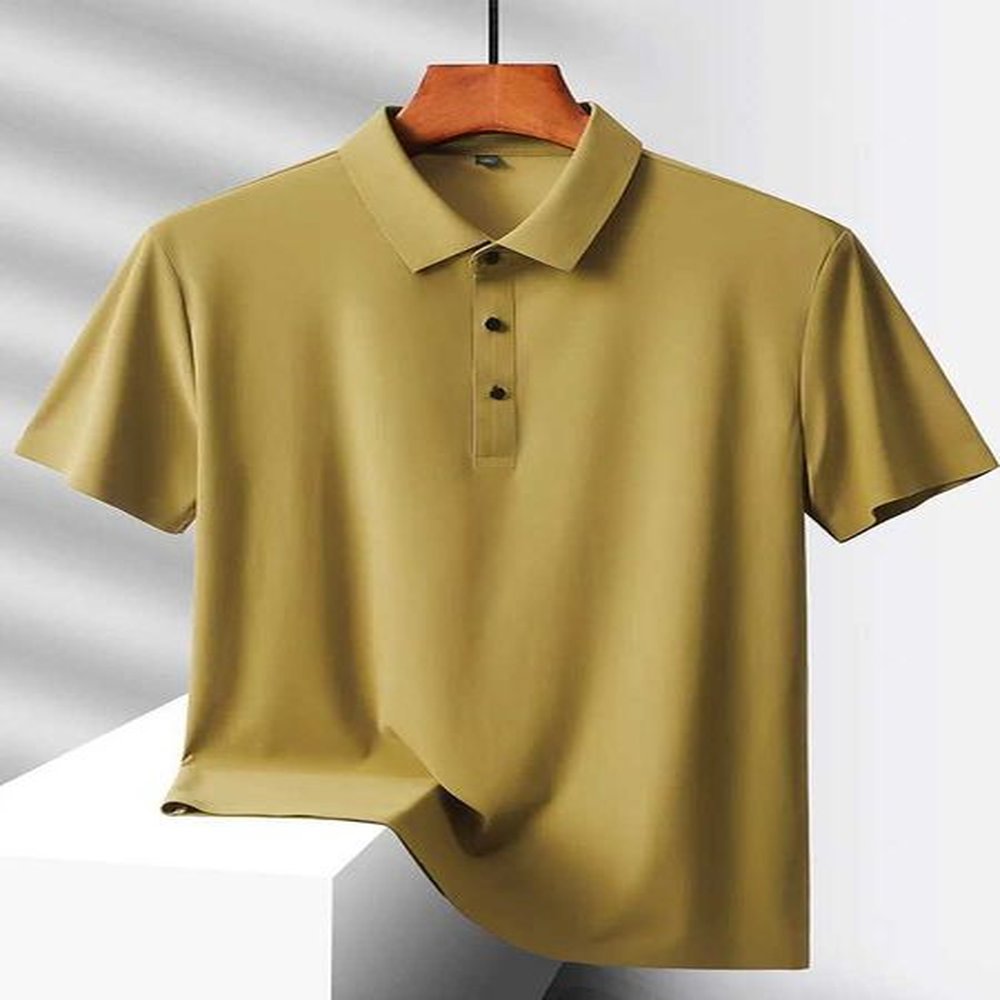 2024 Summer New High-End Mesh Ice Silk Short-Sleeved T-Shirt Mens Shirt Collar Khaki Green Solid Color Slip PoloXJ241028