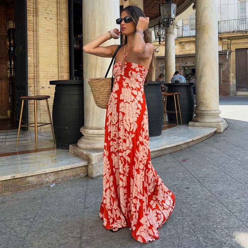 summer new holiday style print pleated open back high waist