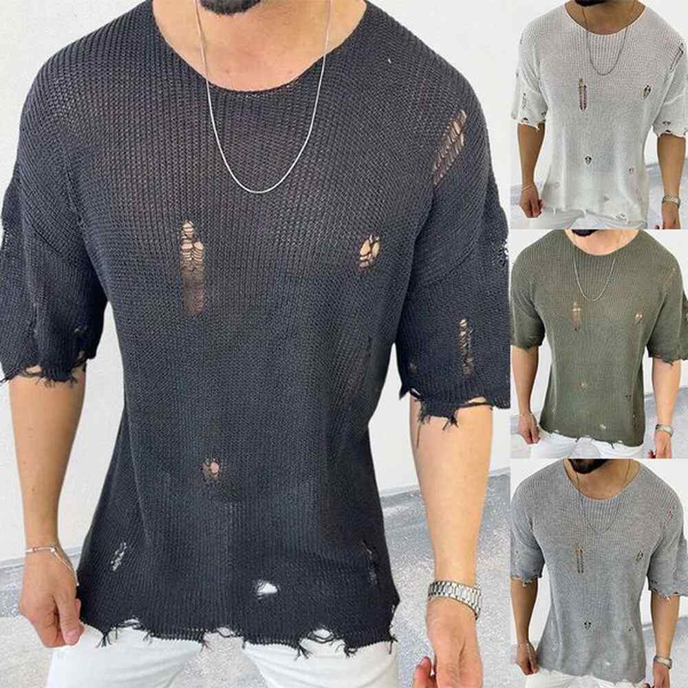 Summer New Knitwear Round Neck Short Sleeved Hollow Pullover Sweater European And American Men's Clothing