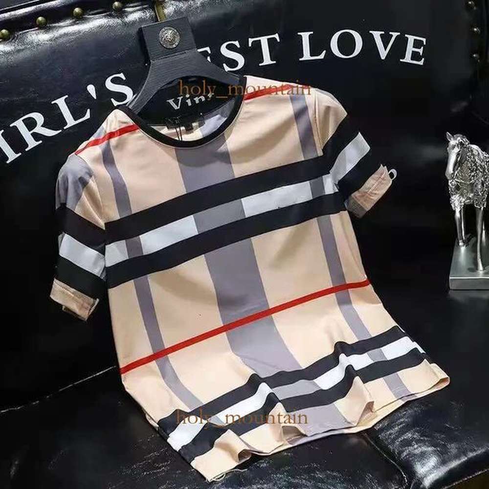 Summer New Men's Burburrys T-Shirts Ice Silk Short-Sleeved High Quality Plaid Printing Letter Printing Designer High Street Shirts 1C7