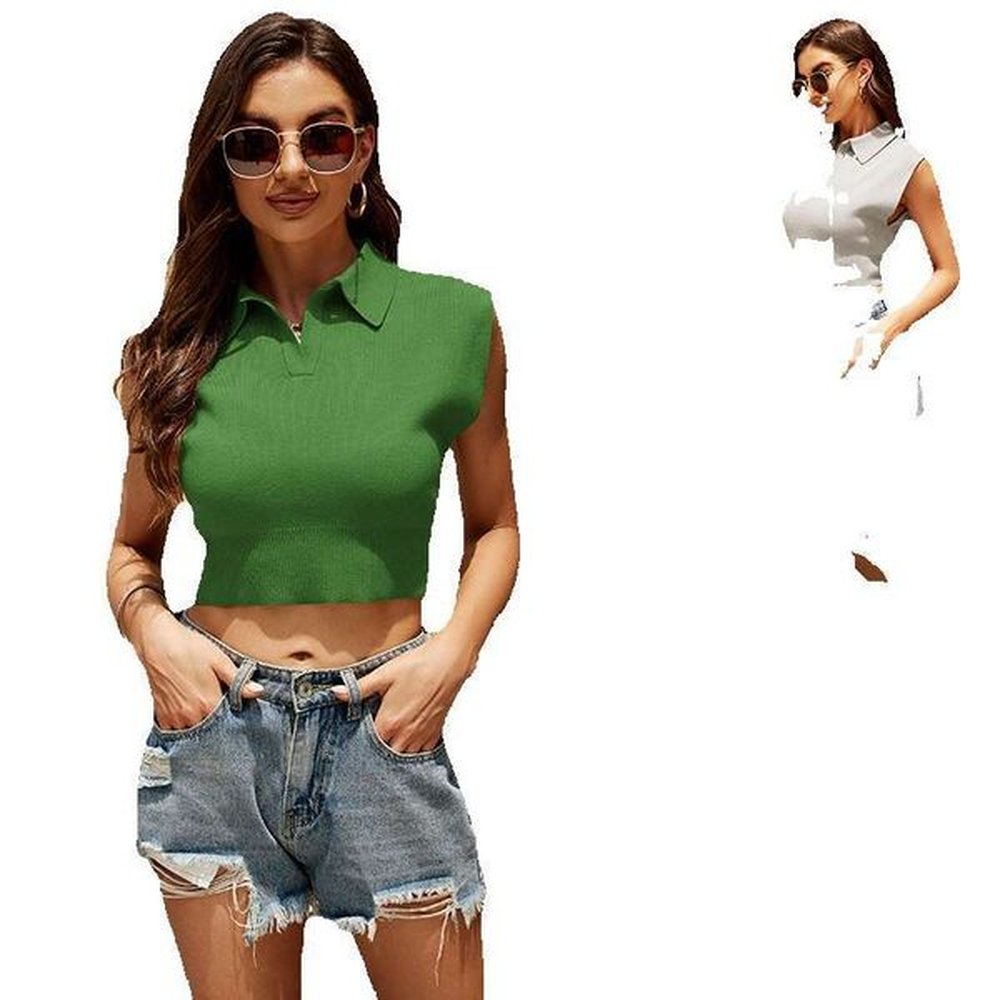 summer new solid color polo collar sweater for womens casual