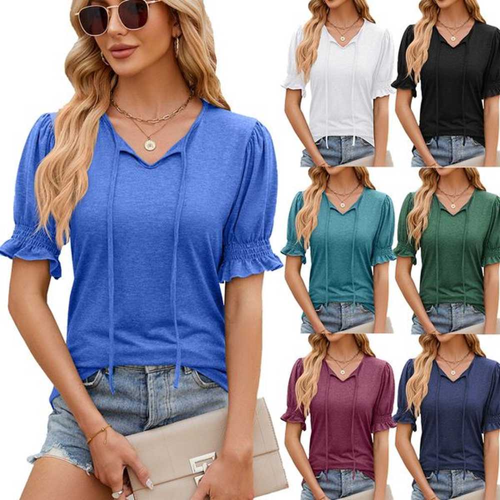 summer new vneck drawstring pleated solid short sleeve loose