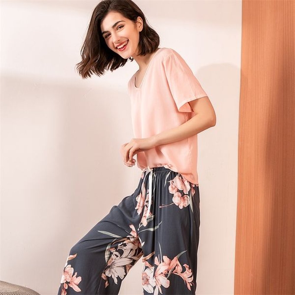 summer pajamas set women comfortable cotton viscose contrasting color pajamas
