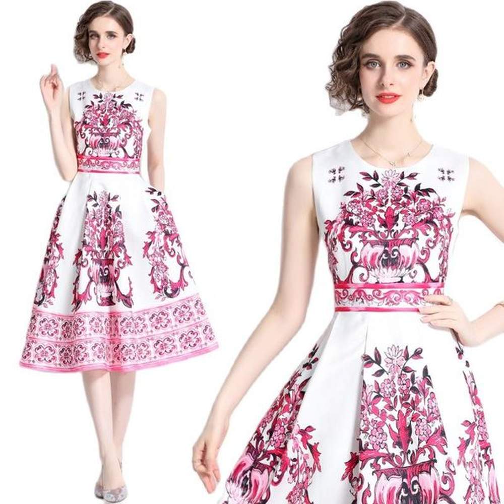 summer print sleeveless midi vest dress designer runway women vacation