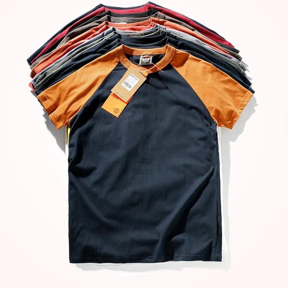 Summer Raglan Sleeve Two tone Splicing T-shirt for Mens Fashion Short Sleeve Round Neck 100% Cotton Casual Bottom Top 241112