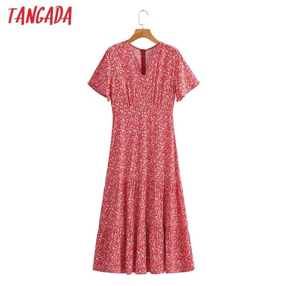 summer red floral print v neck short sleeve ladies long
