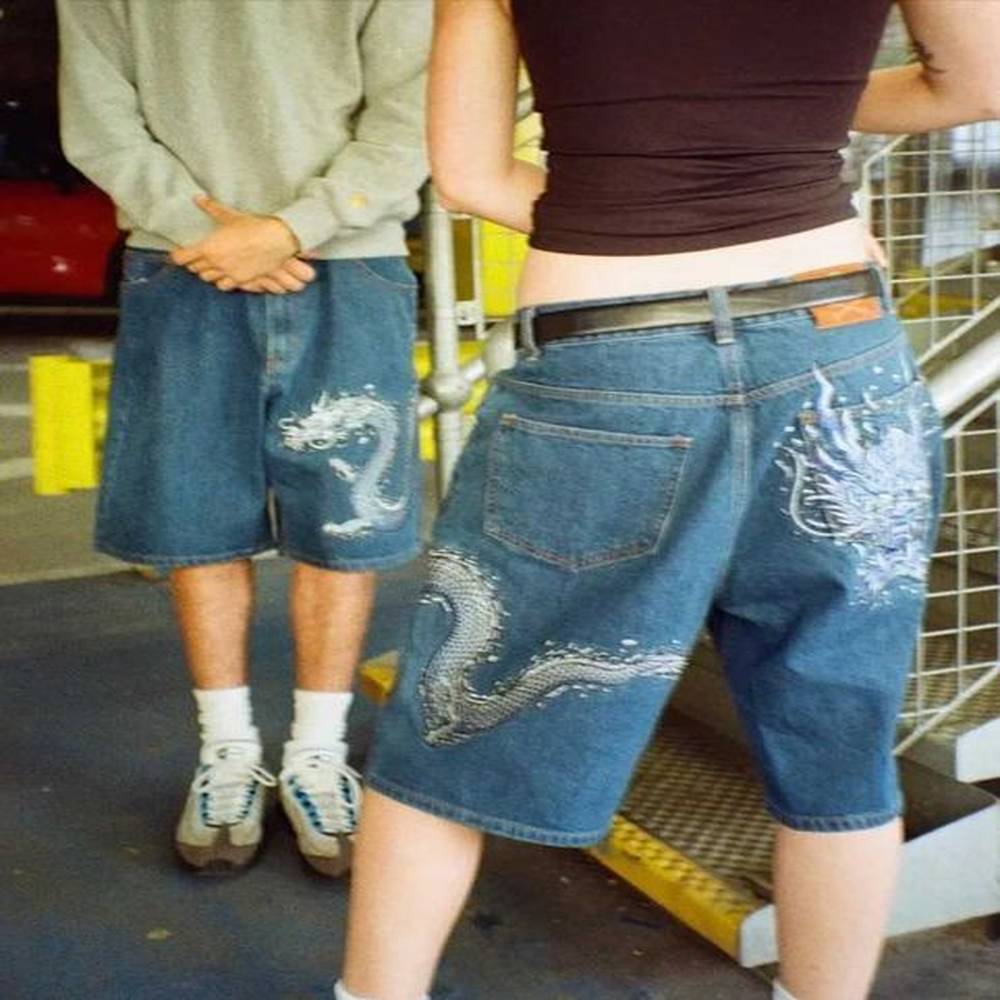 2024 Summer Retro Denim Shorts Y2K Men Women Fashion Loose Bounty Dragon Pattern Gothic Hip Hop Shorts Street WearXJ241206