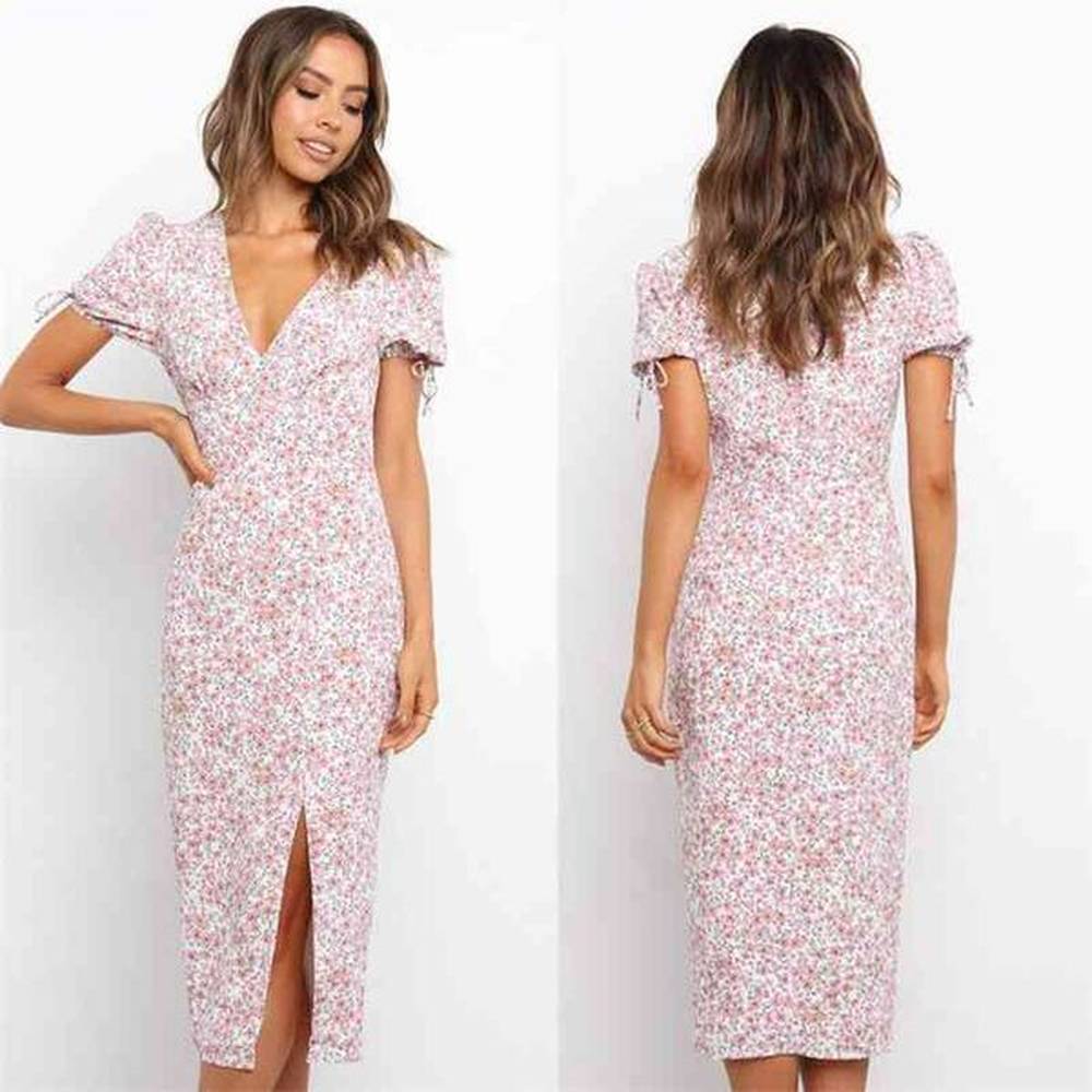 summer sexy deep v neck split short sleeve floral printed