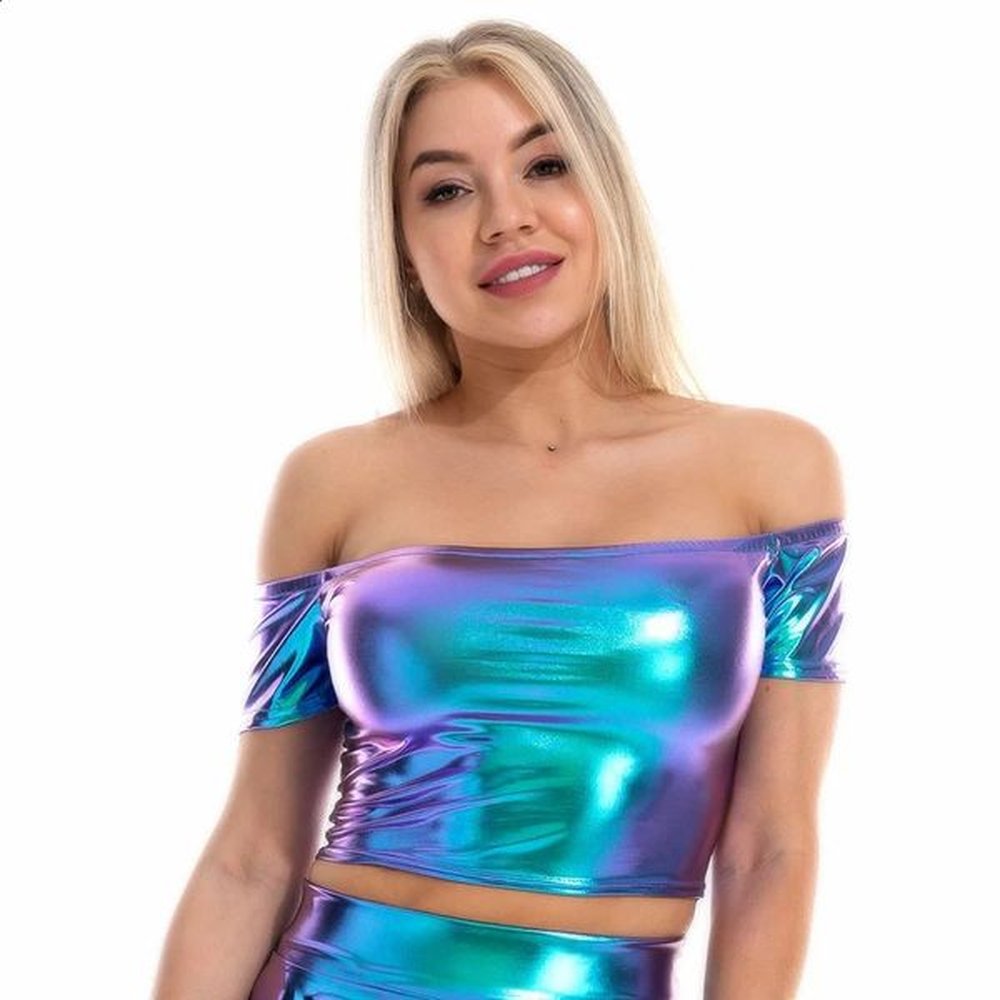 summer sexy slash neck off shoulder metallic crop top glitter