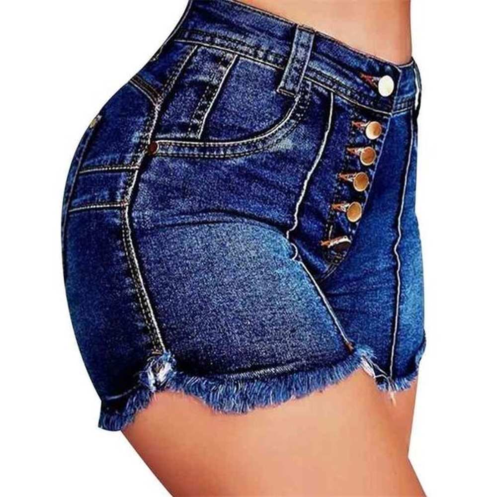summer shorts women elastic high waisted denim jeans blue short