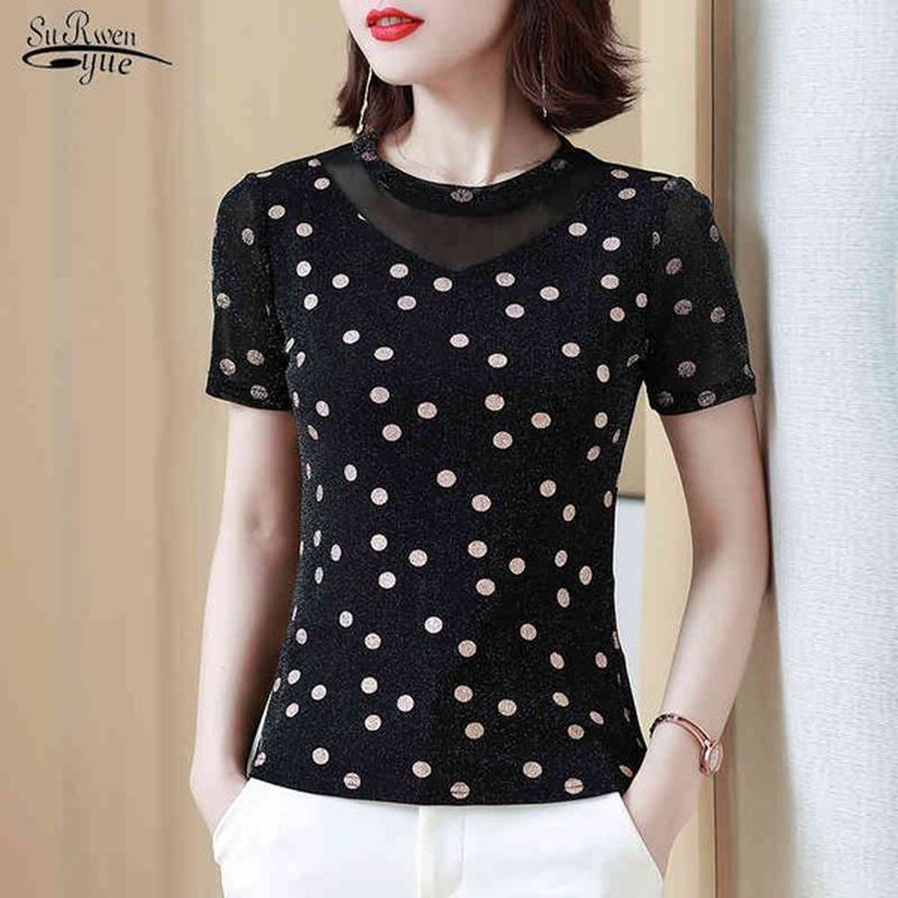 summer shortsleeve shirts women casual polka dot mesh blouse plus