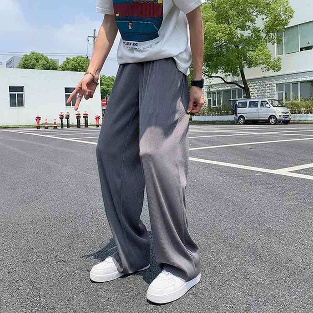 Summer silk straight pants plus size 5XL-M mens streetwear thin casual pants mens loose breathable wide leg pants 250211