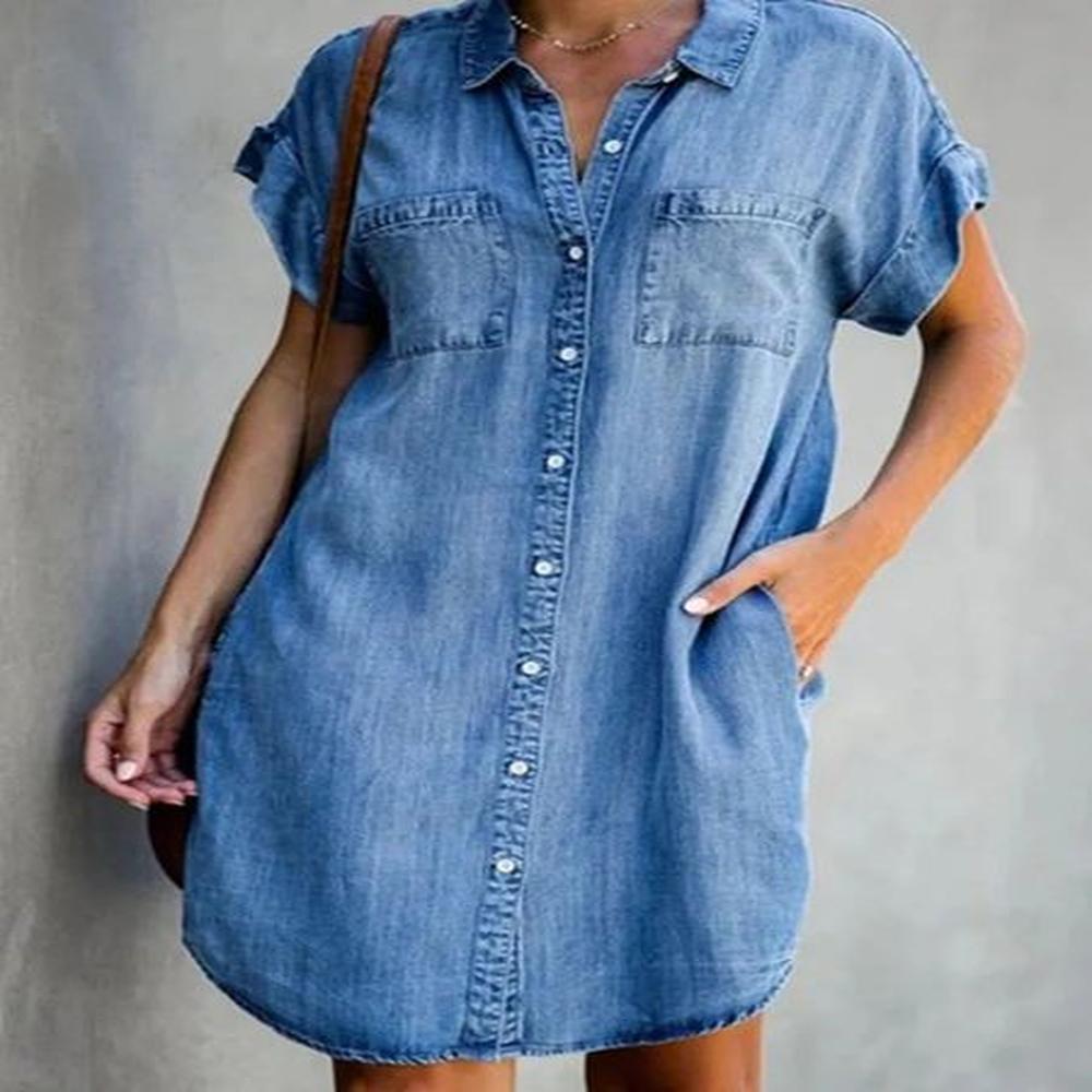 summer single breasted denim shirt dress womens casual loose pocket