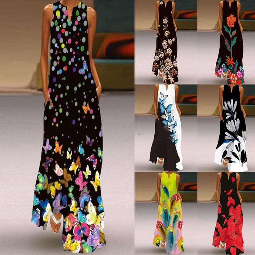 summer sleeveless long skirt vneck printed emerald wer dress
