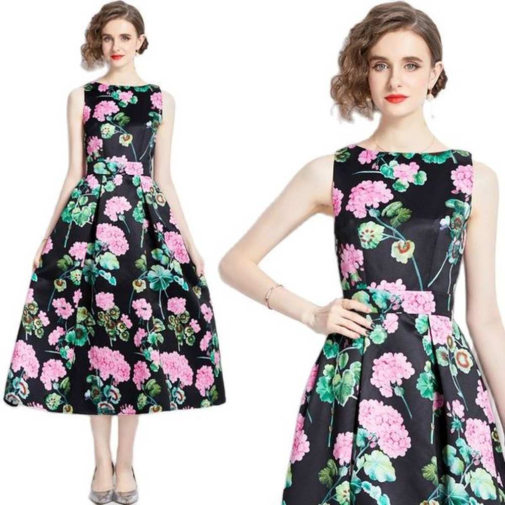 summer sleeveless midi black dress floral print women designer designer