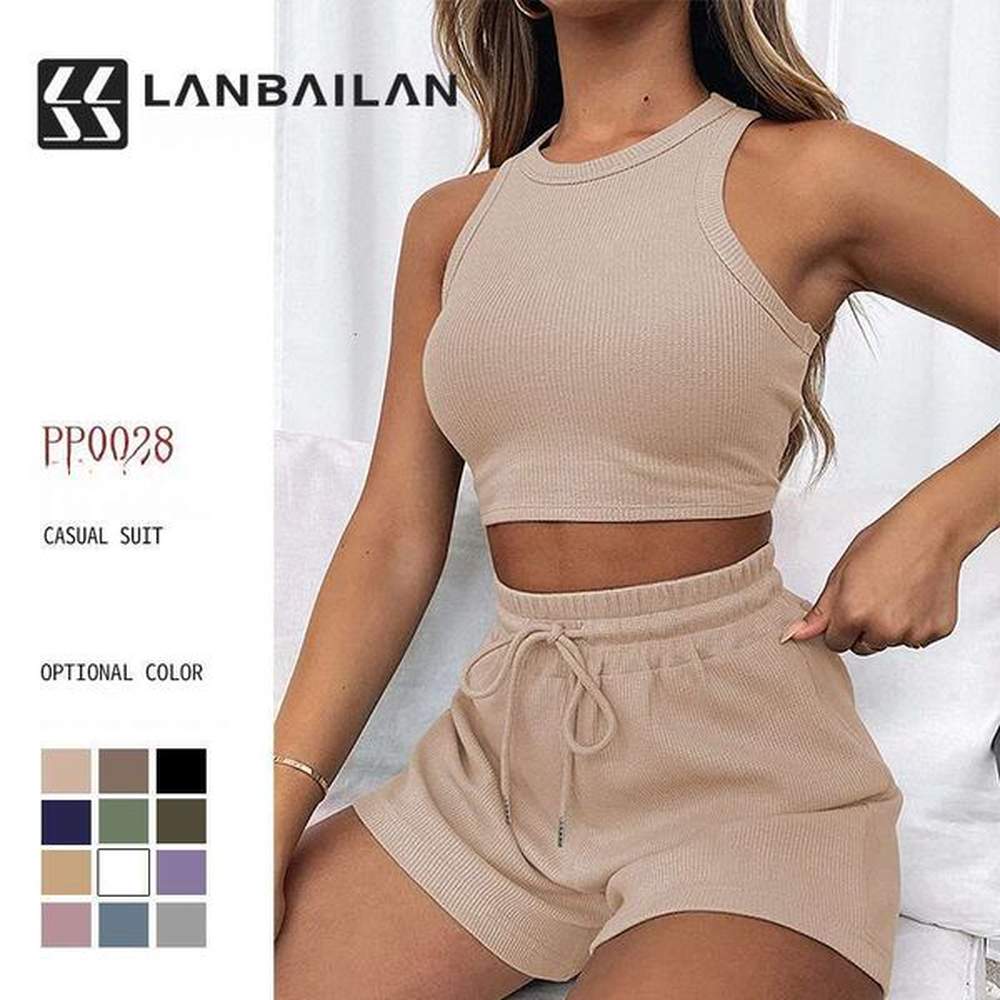 summer sleeveless waffle solid color tank top short piece