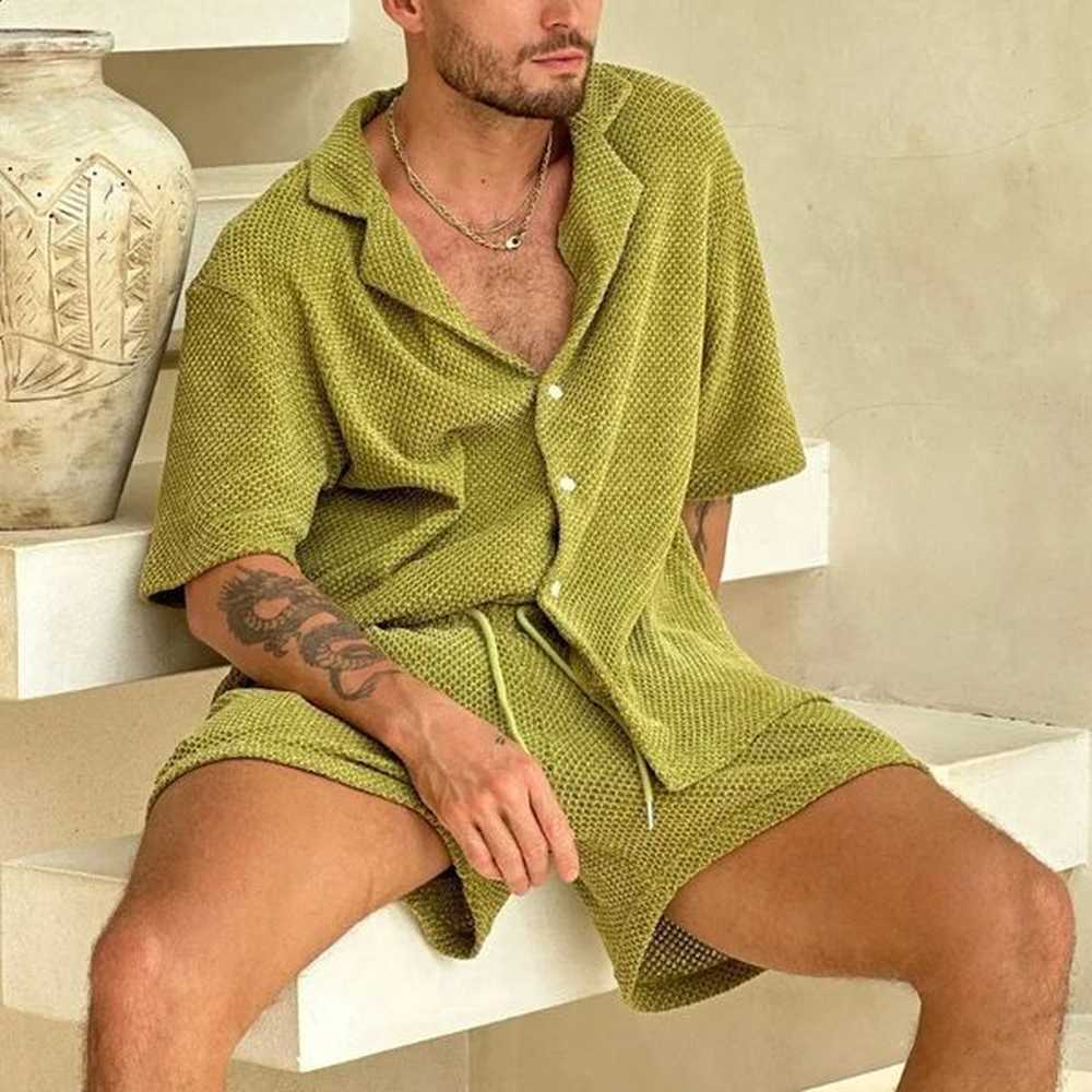 Summer Solid Breathable Knitted Set Mens Casual Button Collar Shirt Top and Drawstring Shorts Spring Loose Mens Home Set 241203