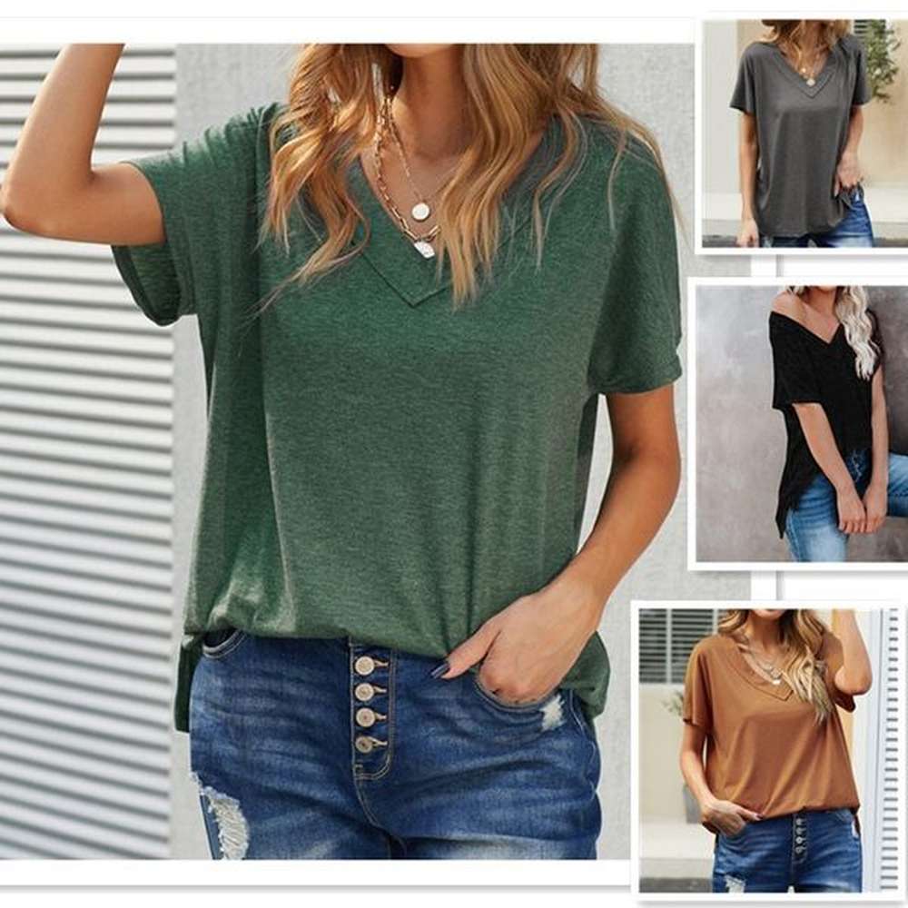 summer solid color casual loose fashion vneck casual volume tshirt