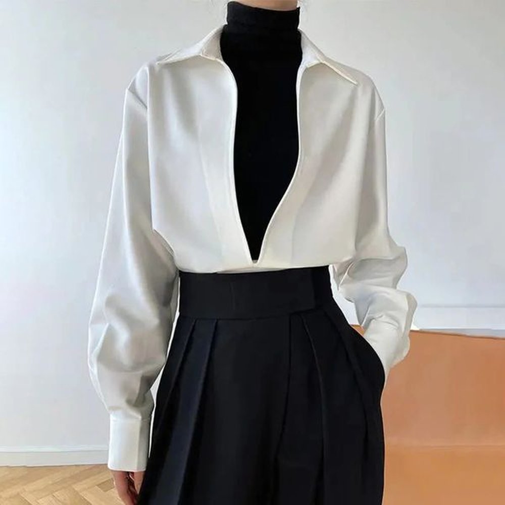 2024 Summer Solid Color Long-sleeved Lapel Shirt Mens French Neutral Elegant Retro Deep V Top Niche Business Blouse Clothing 240808