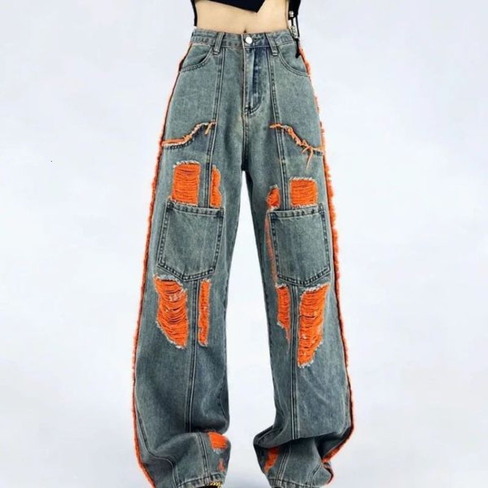 summer splicing color straight slimming street allmatch ripped jeans women