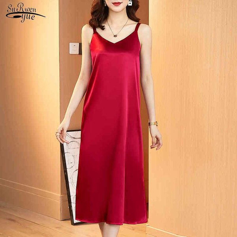 summer strap sleeveless dress women sexy satin long casual loose