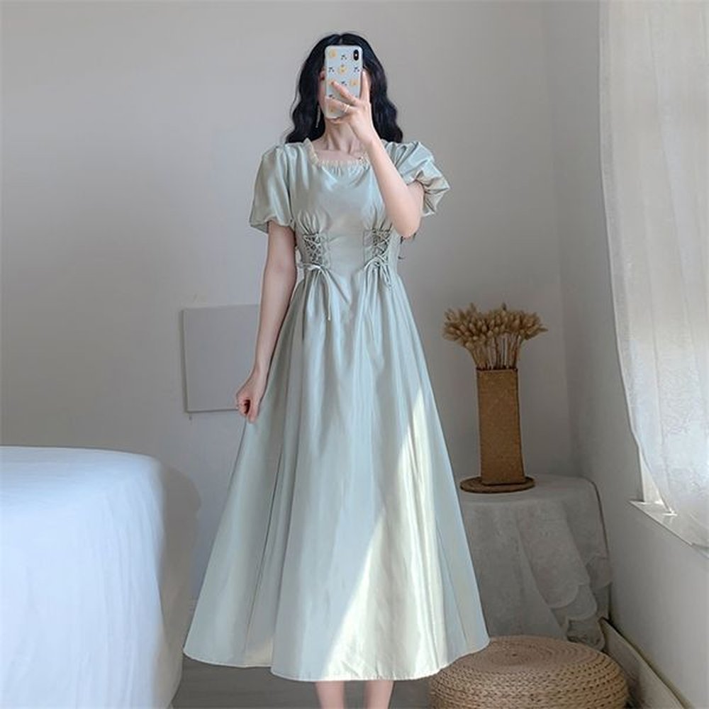 summer sweet women puff sleeve square collar female vestidos retro