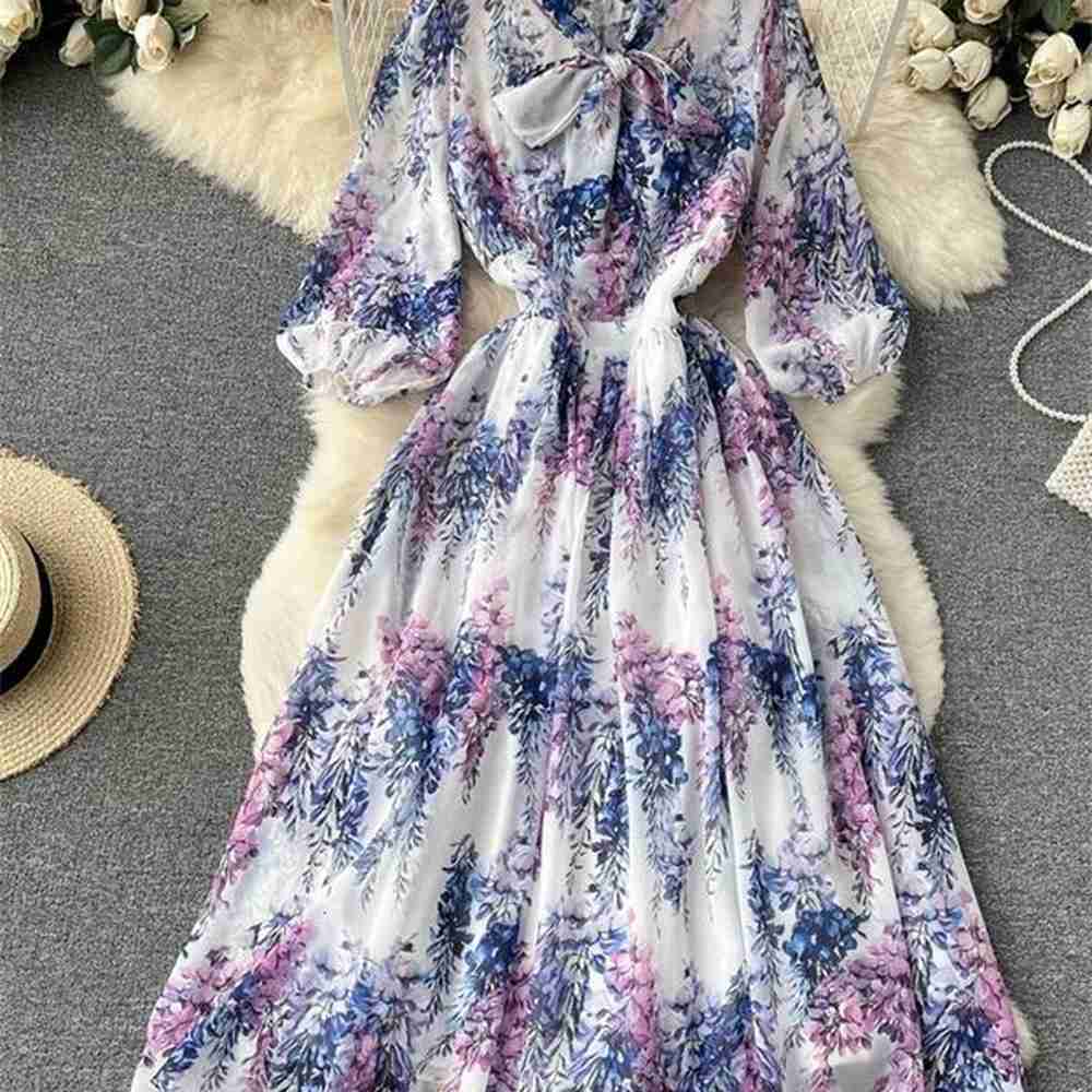 summer vacation runway flowy chiffon dress women bow tie lantern