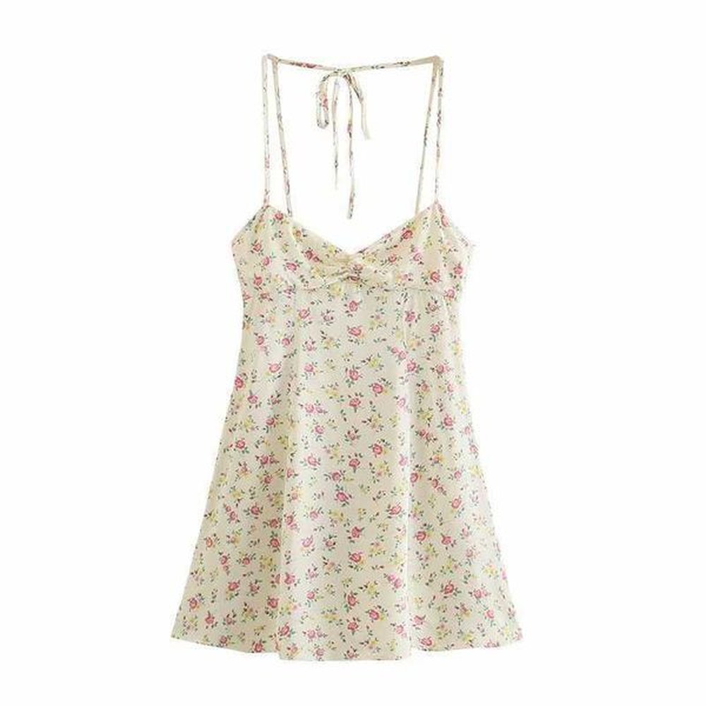 summer vintage floral printed dress women thin straps backless halter