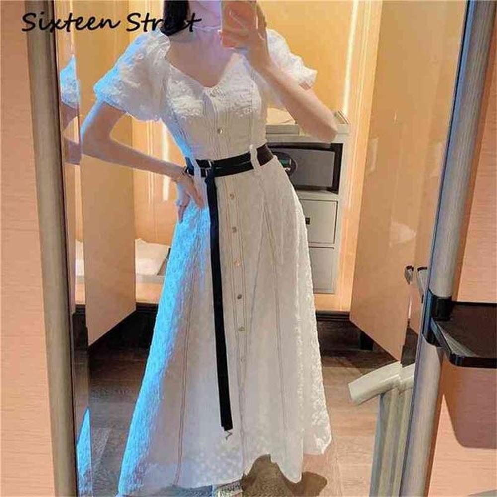 summer vneck white dress woman singlebreasted button casual party female