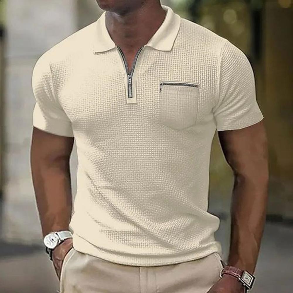 Summer Waffle Polo Shirt Mens Sports and Tshirt Zipper Pocket 240828