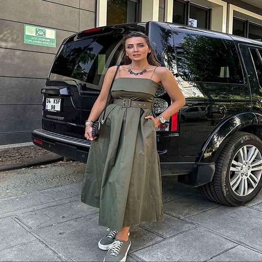 summer waist tied pleated long dress for women square collar