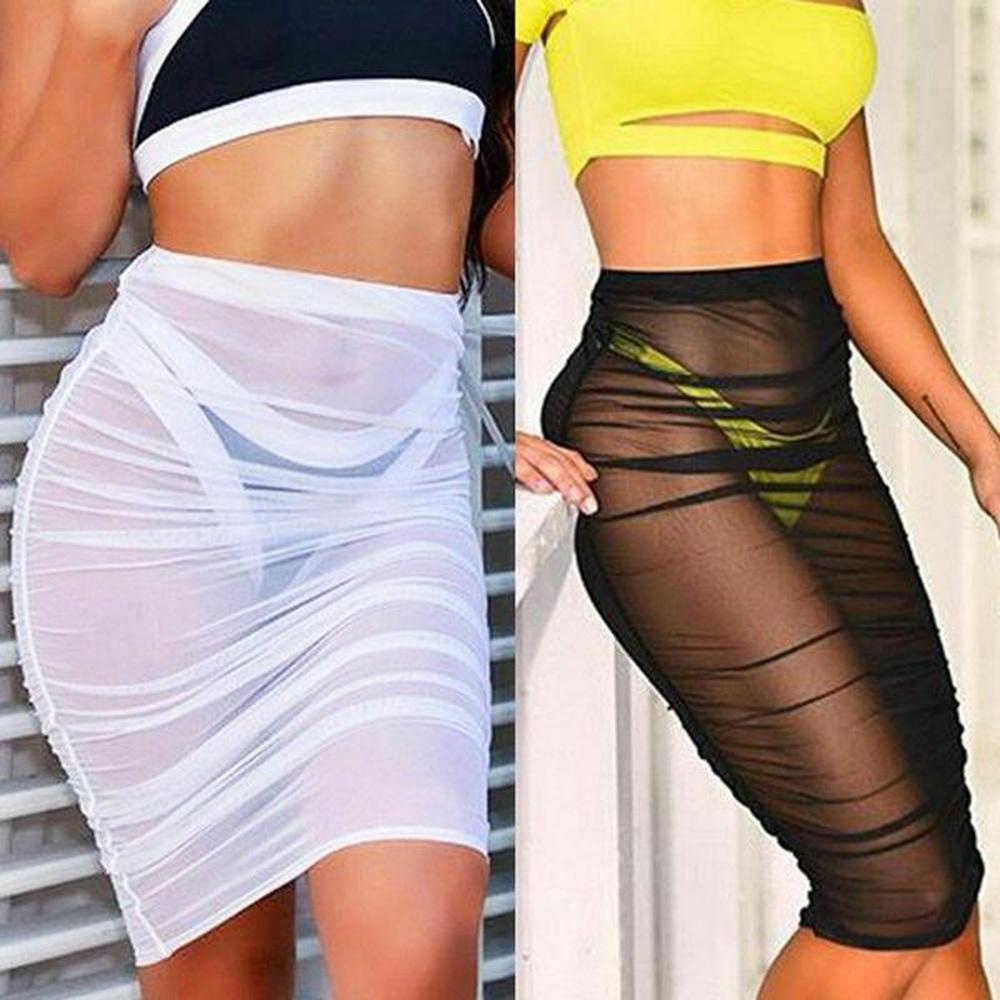 summer women mesh sheer pencil bodycon high waist midi skirt