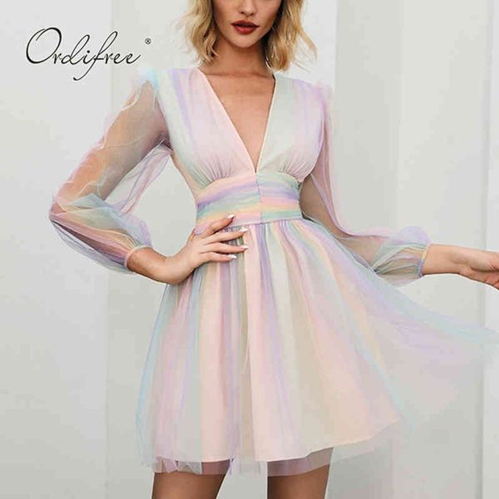summer women mini party long sleeve mesh rainbow print short