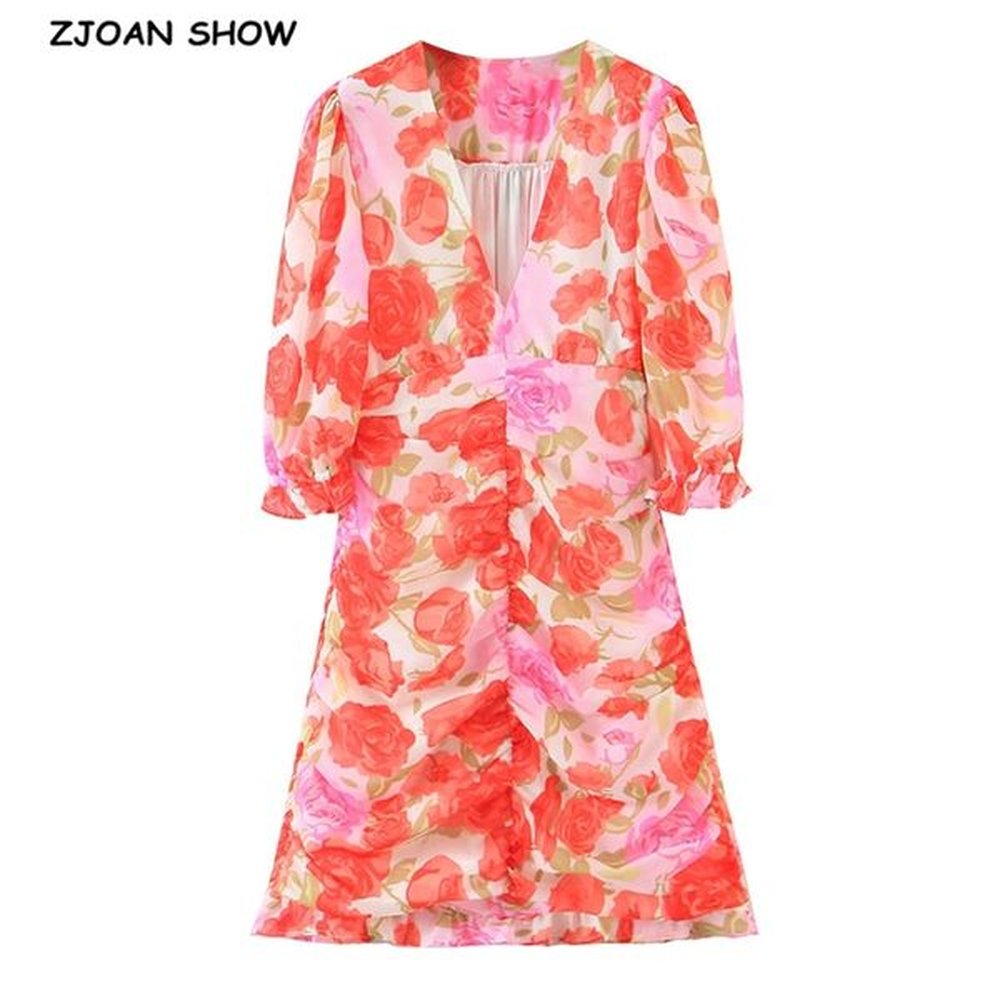 summer women rose flower print pleated ruched package hips dress