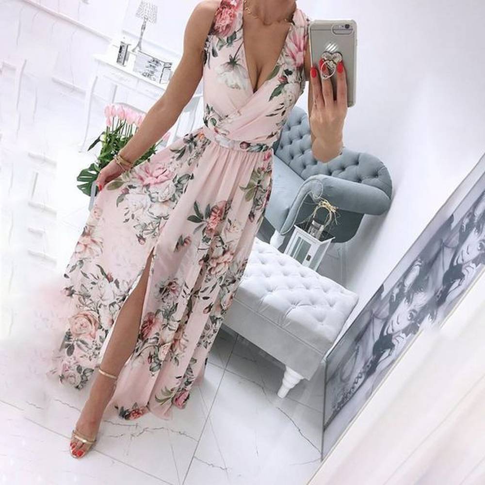 summer women sexy chiffon long dresses vneck sleeveless split elegant