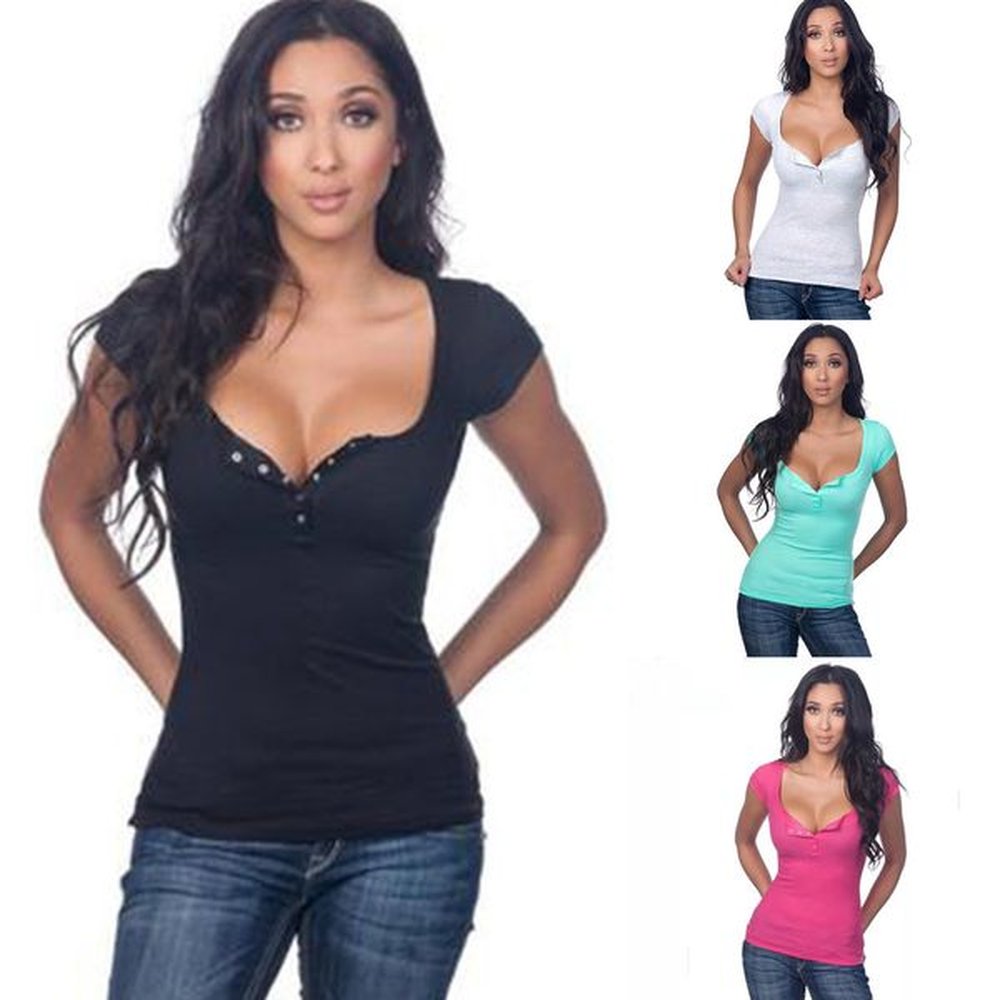summer women t shirts casual button deep v neck solid