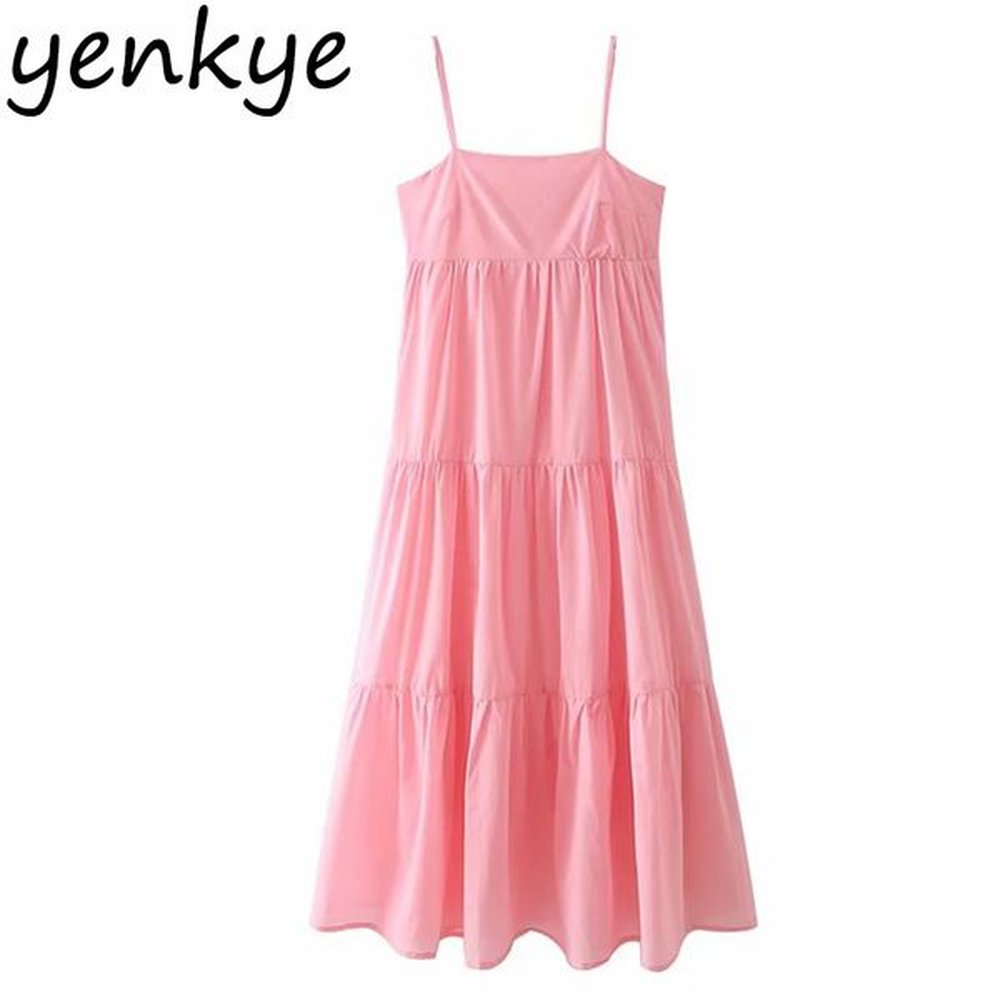 summer women tiered pink sling dress female sexy sleeveless a