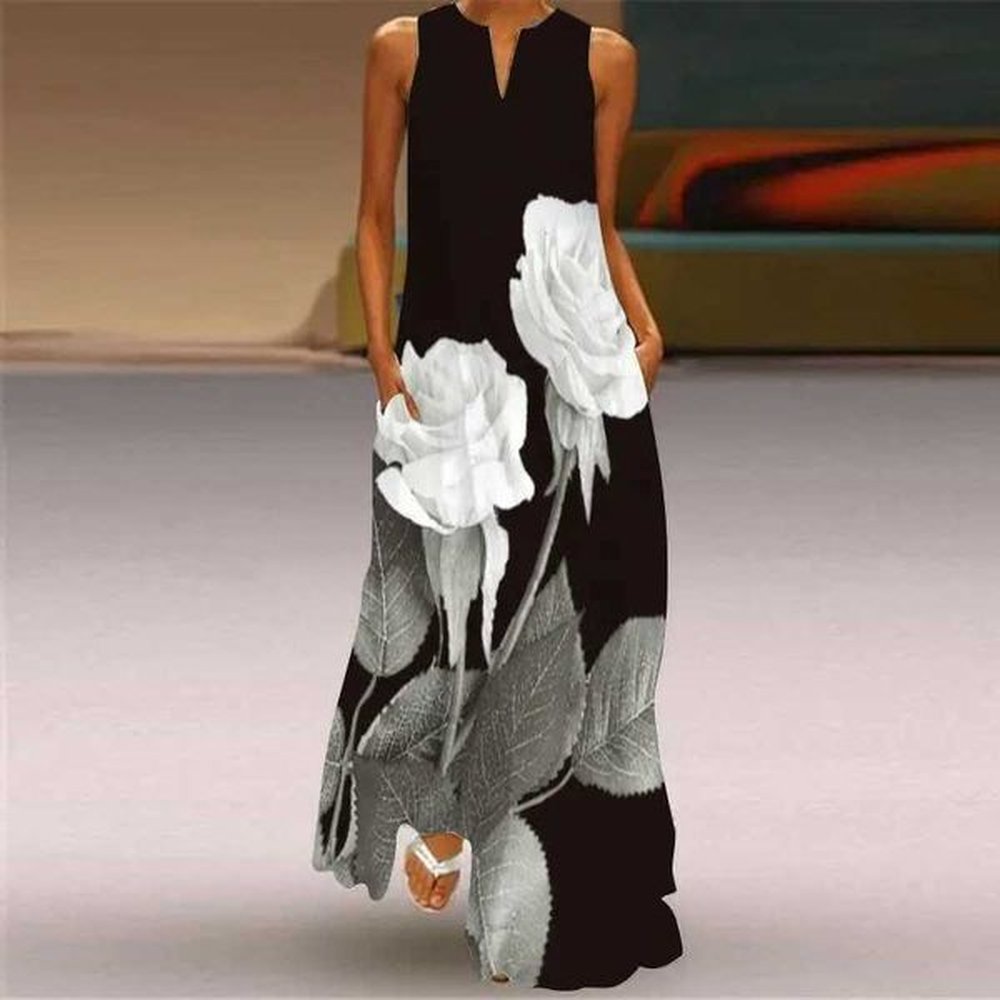 summer womens dress ele sveless vneck vintage print long dress