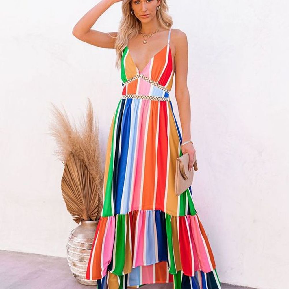 summer womens long dress suspenders sexy deep v rainbow