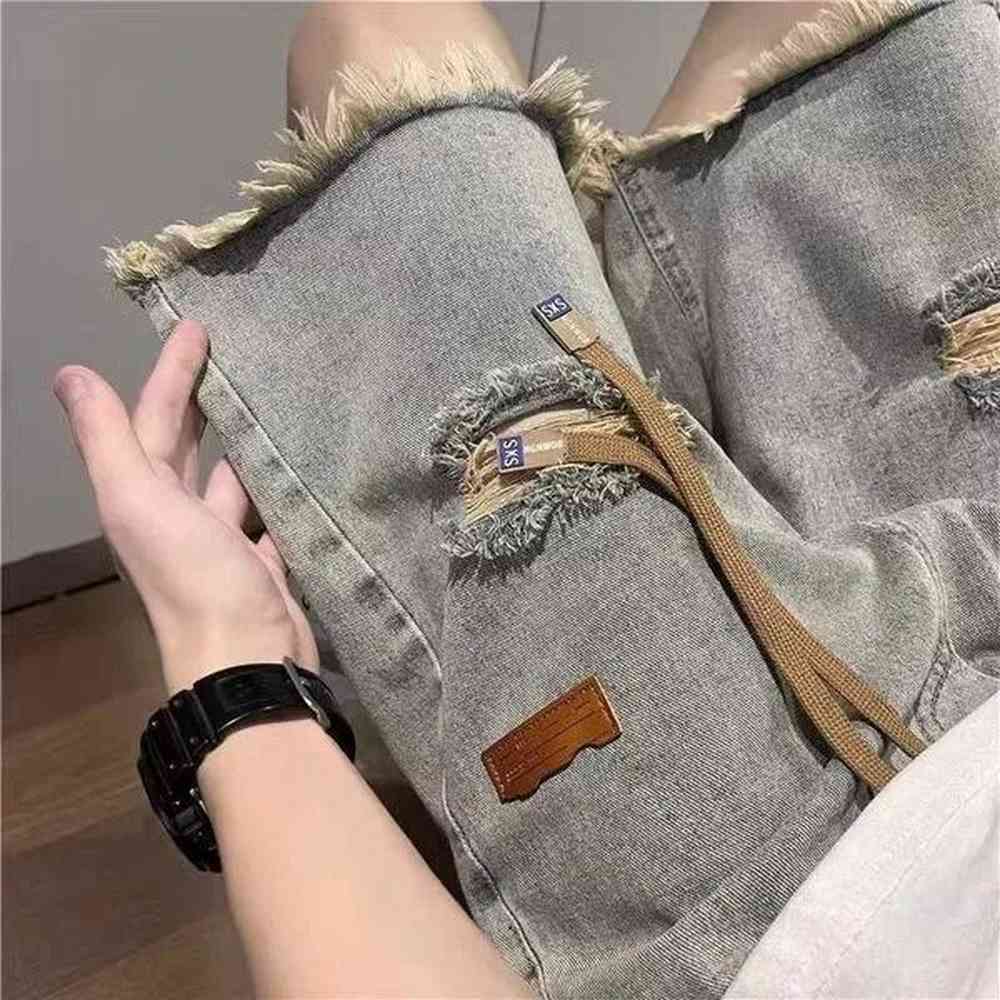 Summer Y2K Vintage Mens Jean Shorts 2024 New Streetwear Ripped Bermuda Jorts Drawstring Baggy Wide Leg Blue Denim Shorts PantsXJ250117