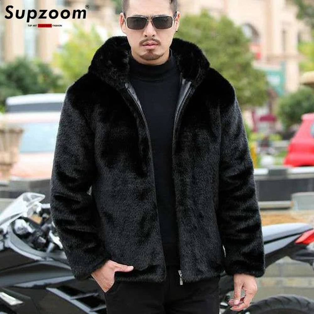 Supzoom Arrival Top Fashion Winter Warm Flowing Gold Mink Sheep Sheared Fur Zipper Mens Solid Hooded Jacket 241105