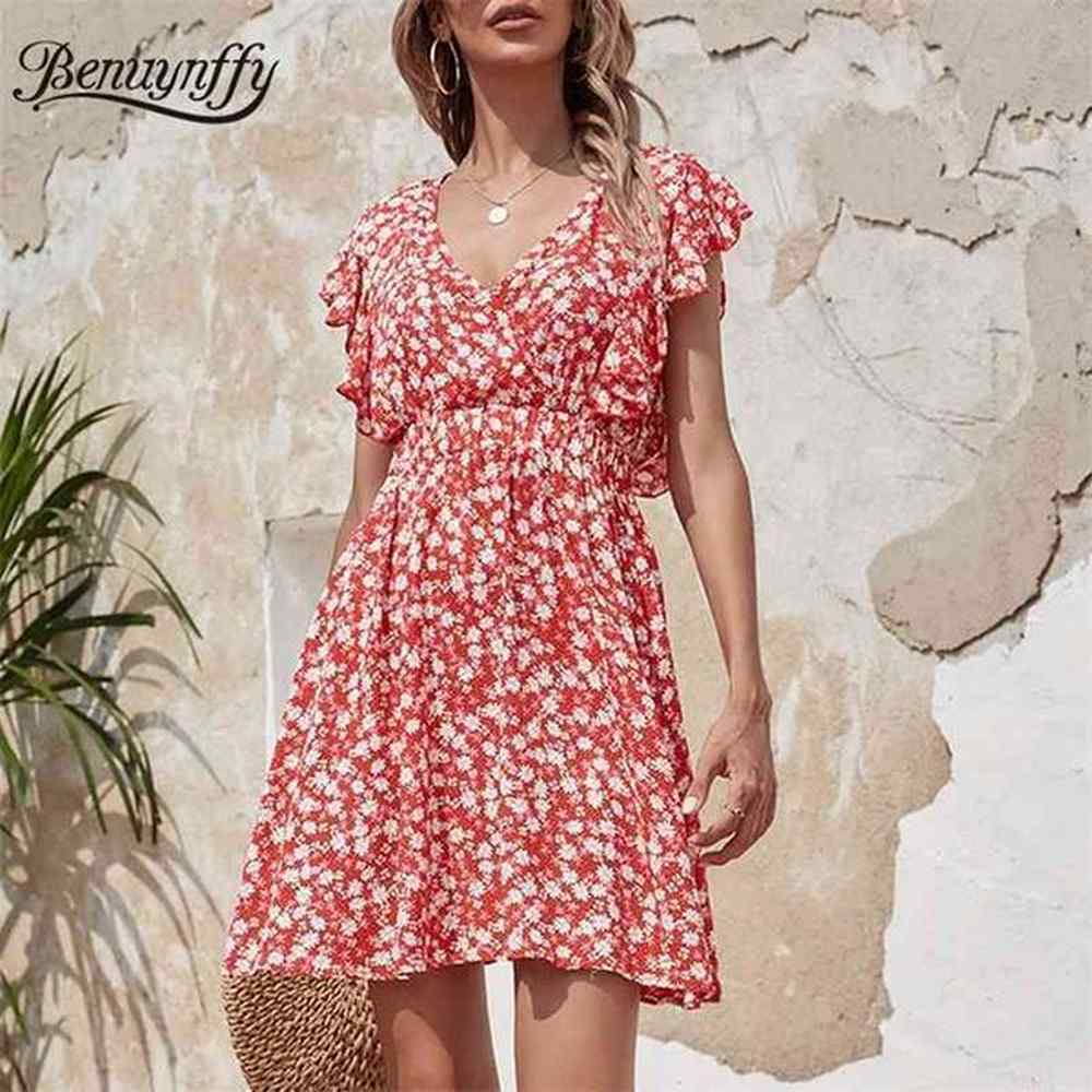 surplice neck ruffle sleeve print mini dresses women boho holiday