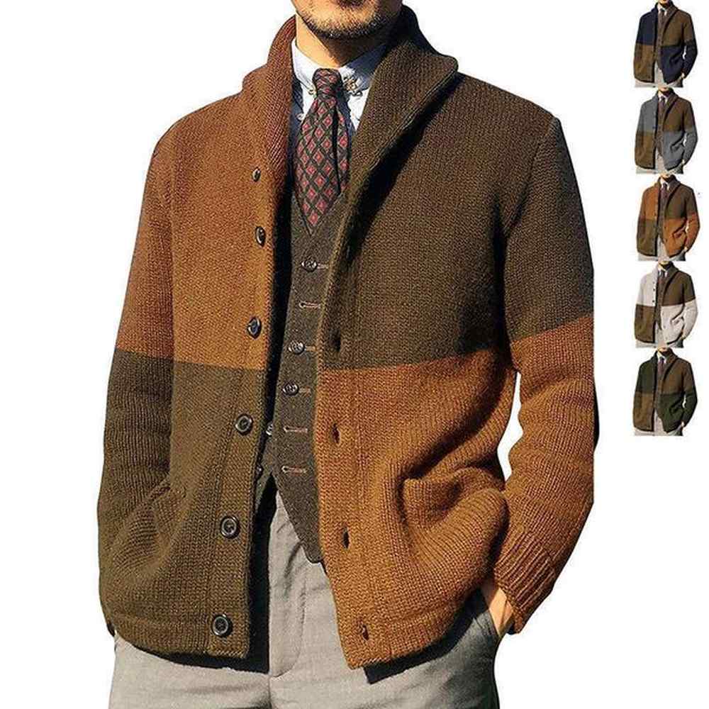 Sweater Color Blocked Button Long Sleeved Knitted Jacket European And American Foreign Trade Sweater Cardigan Men