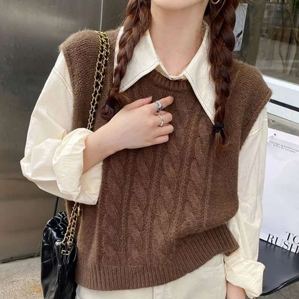 sweater vest women loose sleeveless waistcoat solid oneck knitted lady