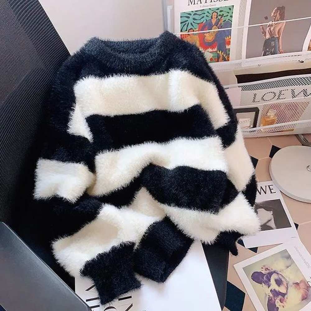 sweater women winter pullover plush stripe sweater oversize knitting tops