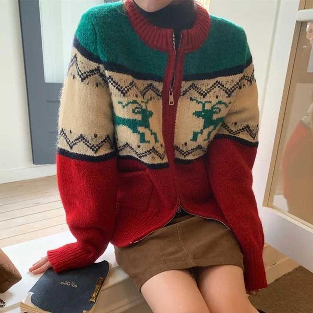 sweaters christmas retro color contrast deer jacquard sweater womens winter