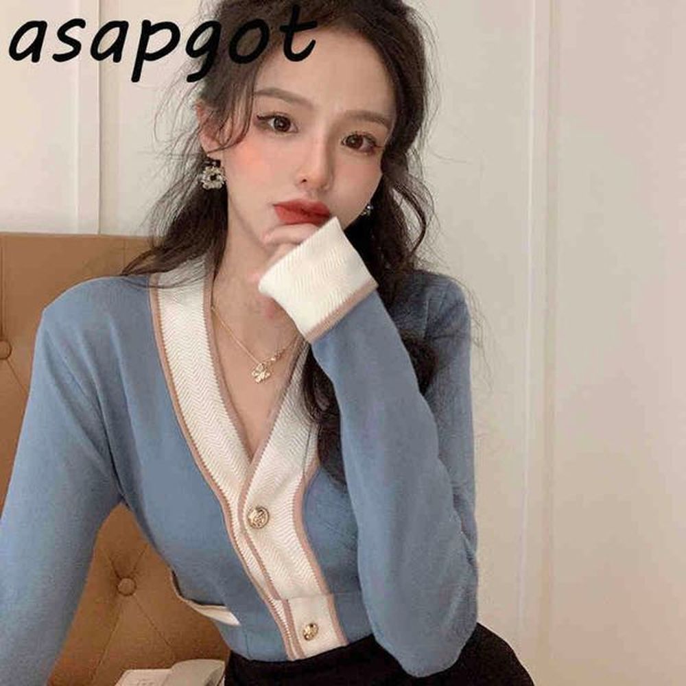 sweet chic autumn v neck contrast knitted cardigan jacket slim