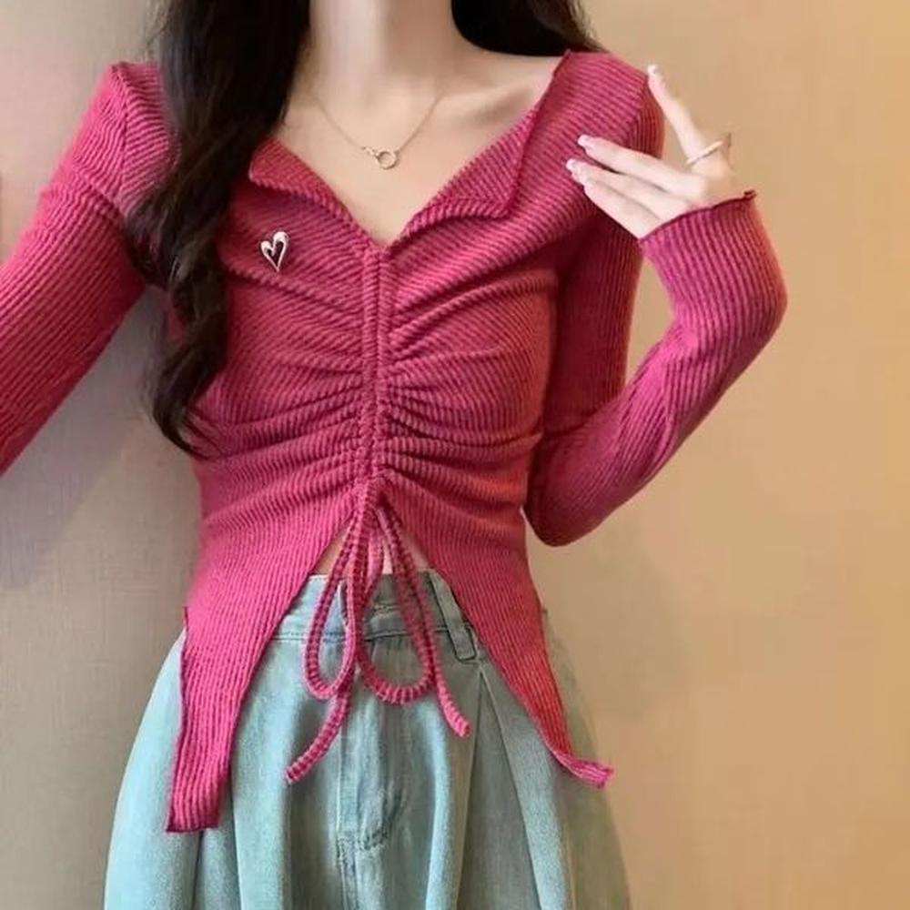 sweet drawstring short t shirts spring autumn long sleeved vneck