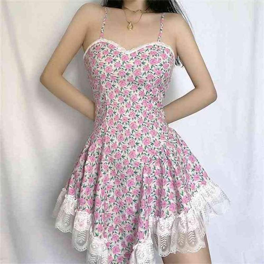 sweet floral print sexy sling dress women sleeveless hem ruffles