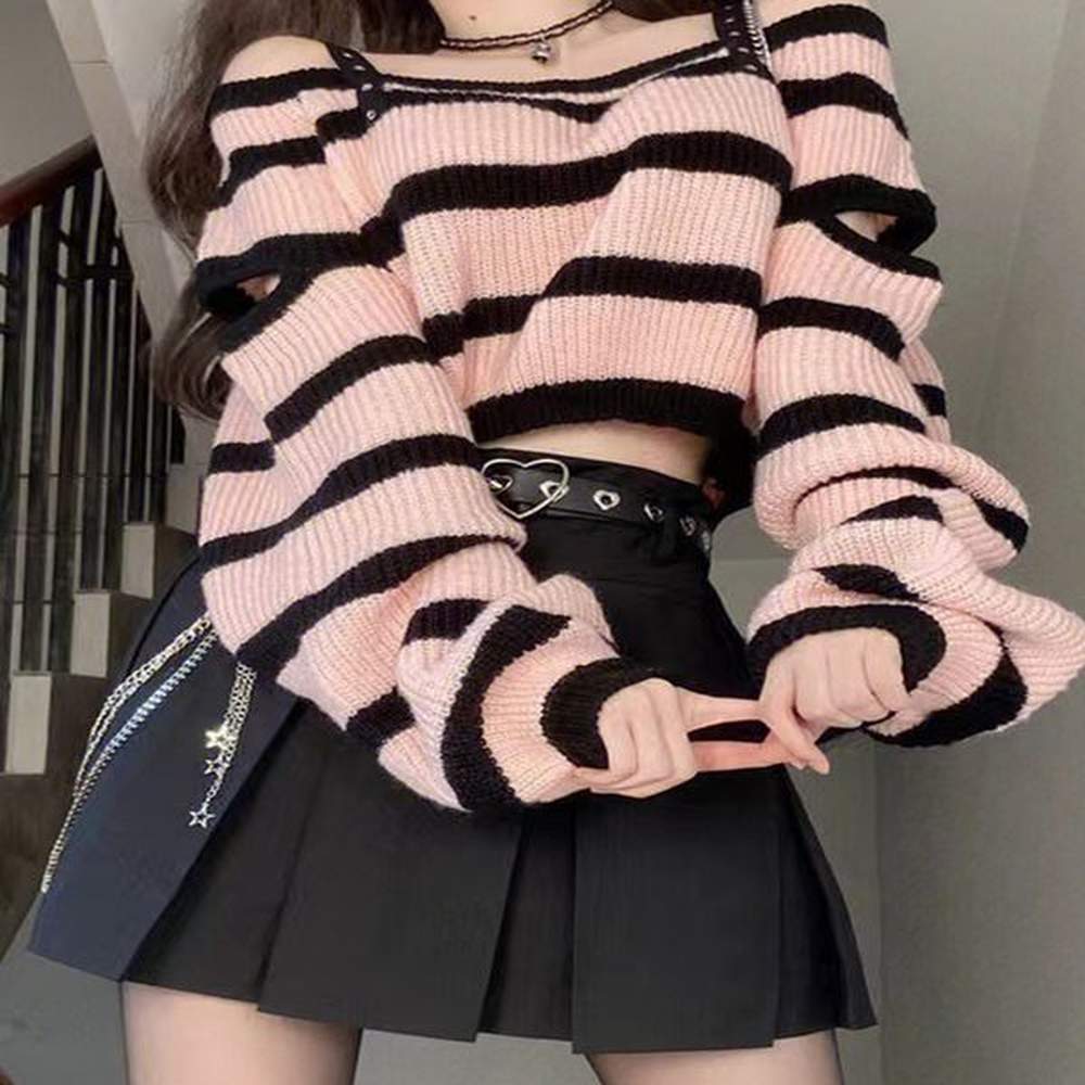 sweet off shoulder top striped knitted set womens spring and